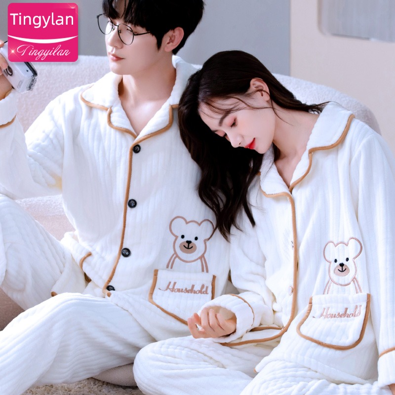 Internet celebrity men and women lovers Autumn and winter thickening Flannel pajamas