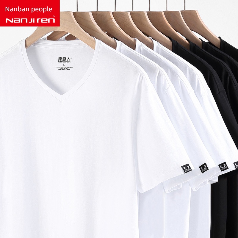 man Short sleeve white pure cotton Inner lap Autumn clothes V-neck T-shirt
