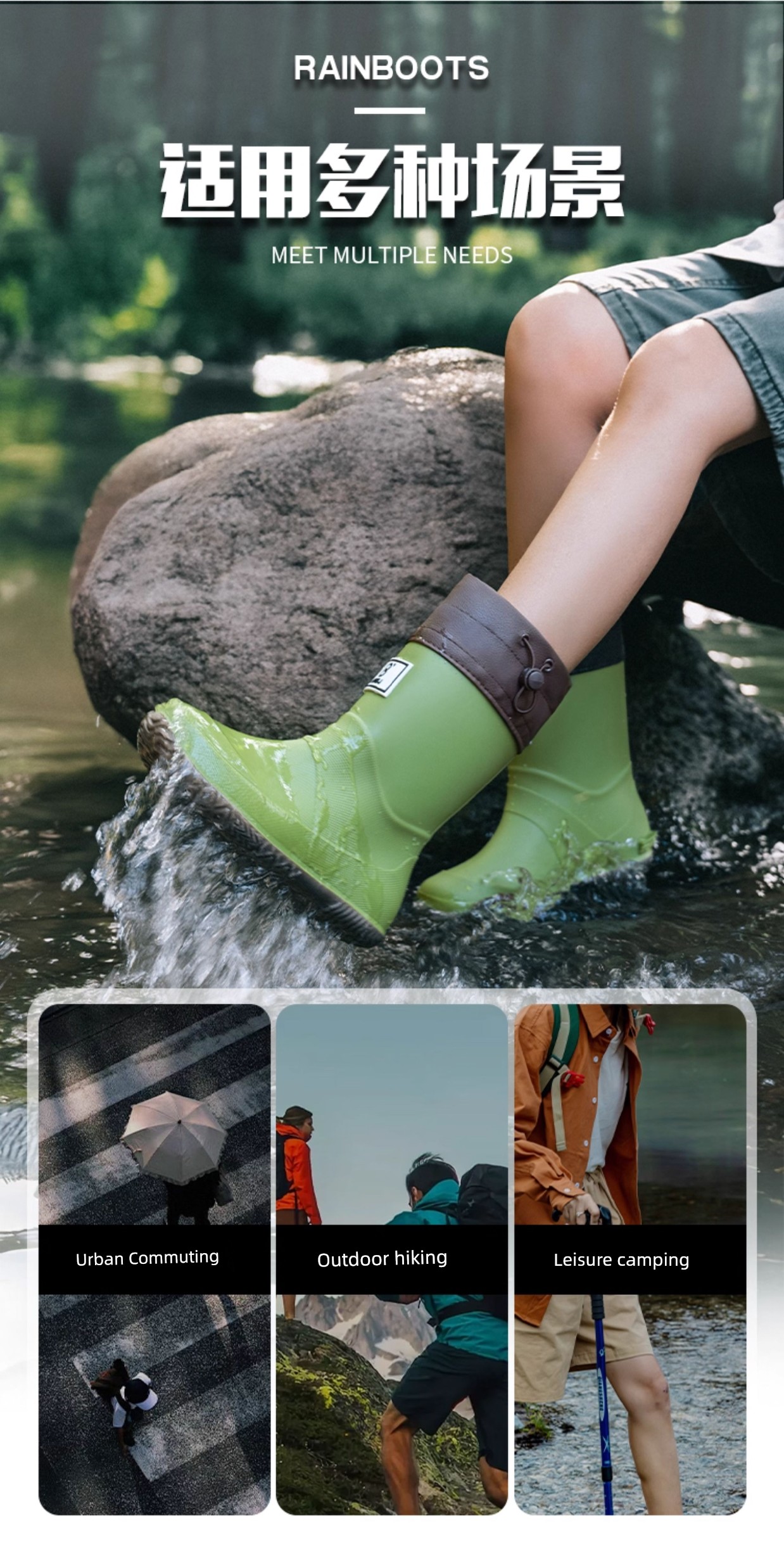 Children's Lightweight Rain Boots, Foldable Rain Boots for Men and Women, Couple's Rain Boots for Rainforest Hiking, Non-Slip Waterproof Shoes, Mid-High — 3