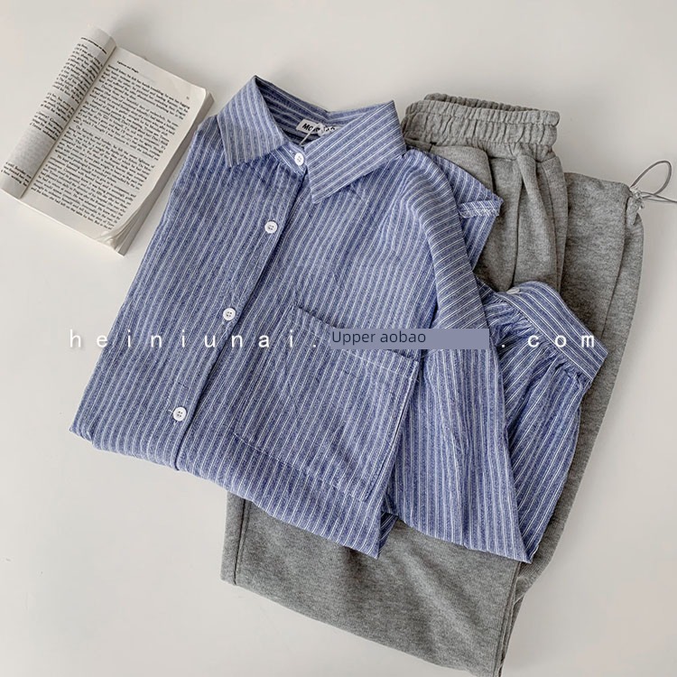 fashion stripe easy leisure time Long sleeve jacket shirt