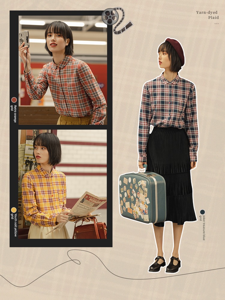 Inman  Long sleeve easy Retro Hong Kong flavor lattice shirt