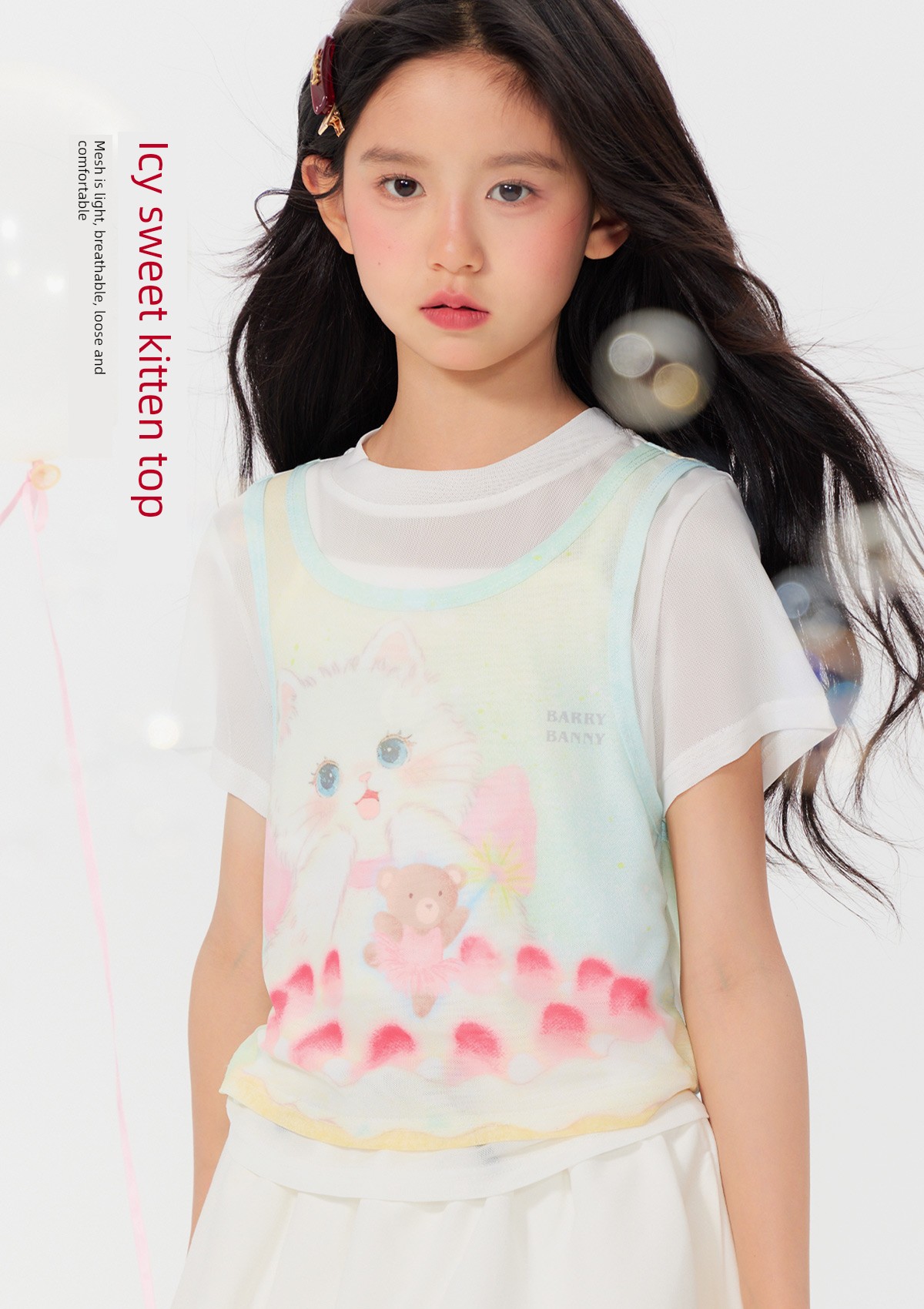Barrybanny Girls' Cat Breathable T-Shirt 2026 Summer New Style Kidsren's Fake Two-Piece Lightweight Short-Sleeved Top — 4