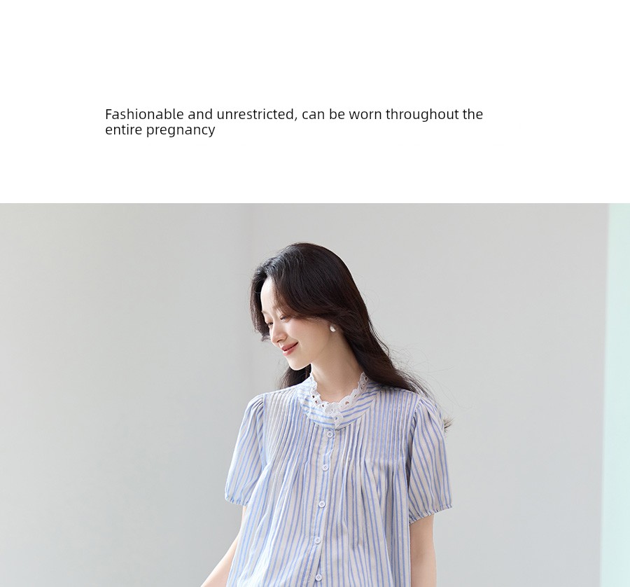 Pregnancy Premium Maternity Set: Summer Outerwear for Pregnant Moms, High-End Outfit with Lace Patchwork Shirt and Skirt Two-Piece Set — 16