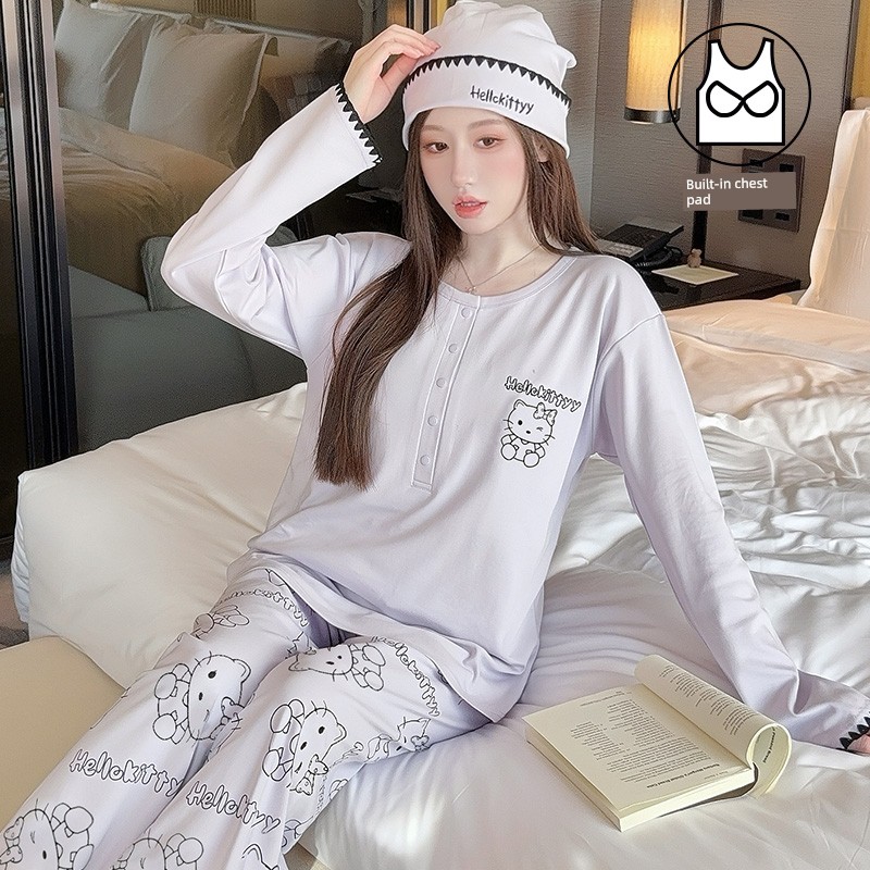 Hat with Chest Pad, Postpartum Clothing, Pure Cotton Nursing Pajamas, Postpartum Maternity Home Wear for Spring, Autumn, and Winter, Can Be Worn Outside — 3