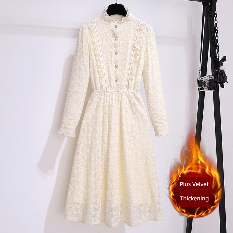 Dress Plush thickening Lay a foundation Inner lap Long sleeve Lace