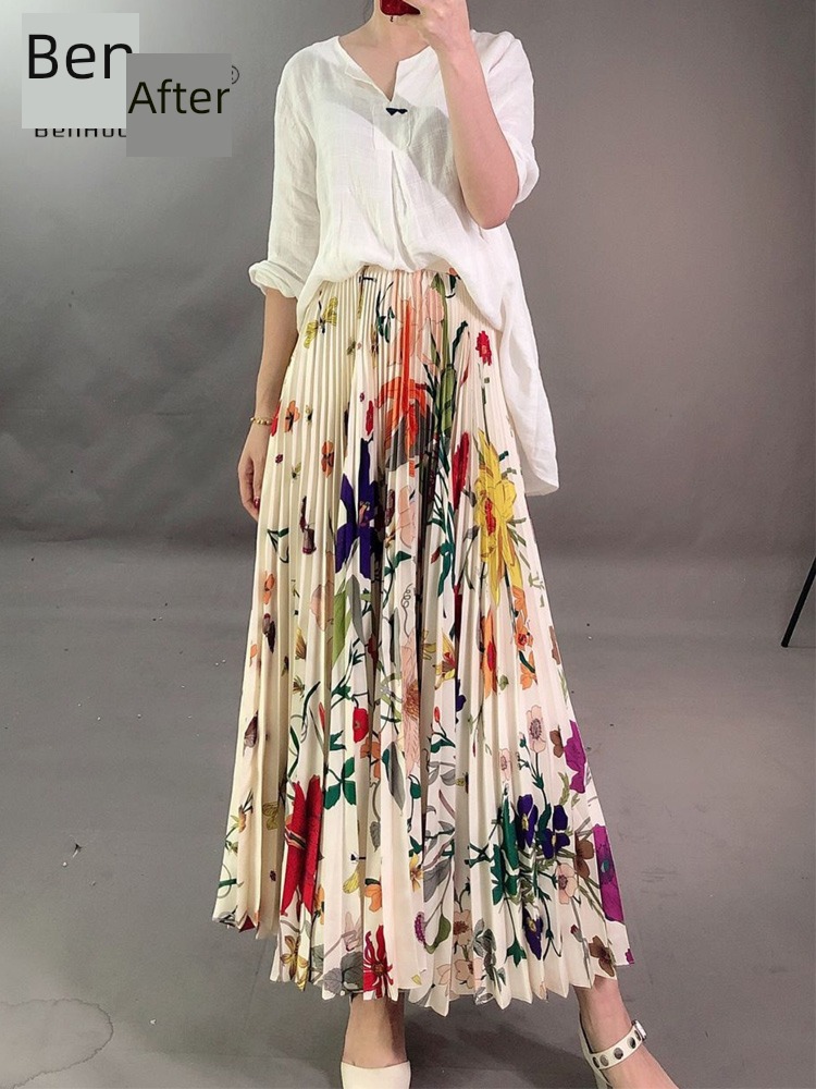 Oil painting style Big swing Medium and long term Imitation silk skirt