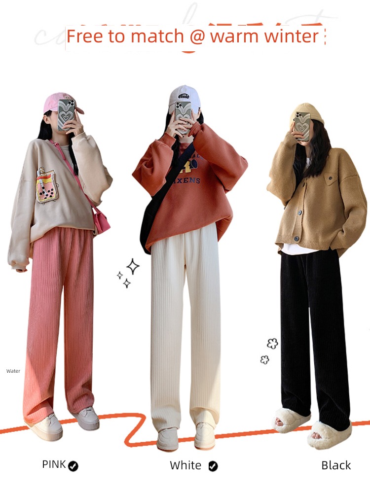 chenille  Autumn and winter High waist Plush white Wide leg pants