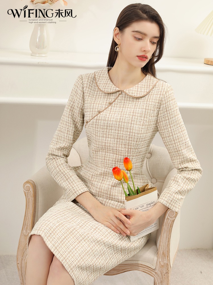 No wind Tweed Autumn and winter Show thin Long sleeve Dress