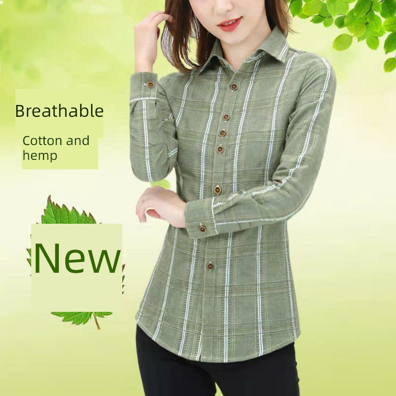Cotton and hemp middle age Retro Port style Self-cultivation lattice shirt