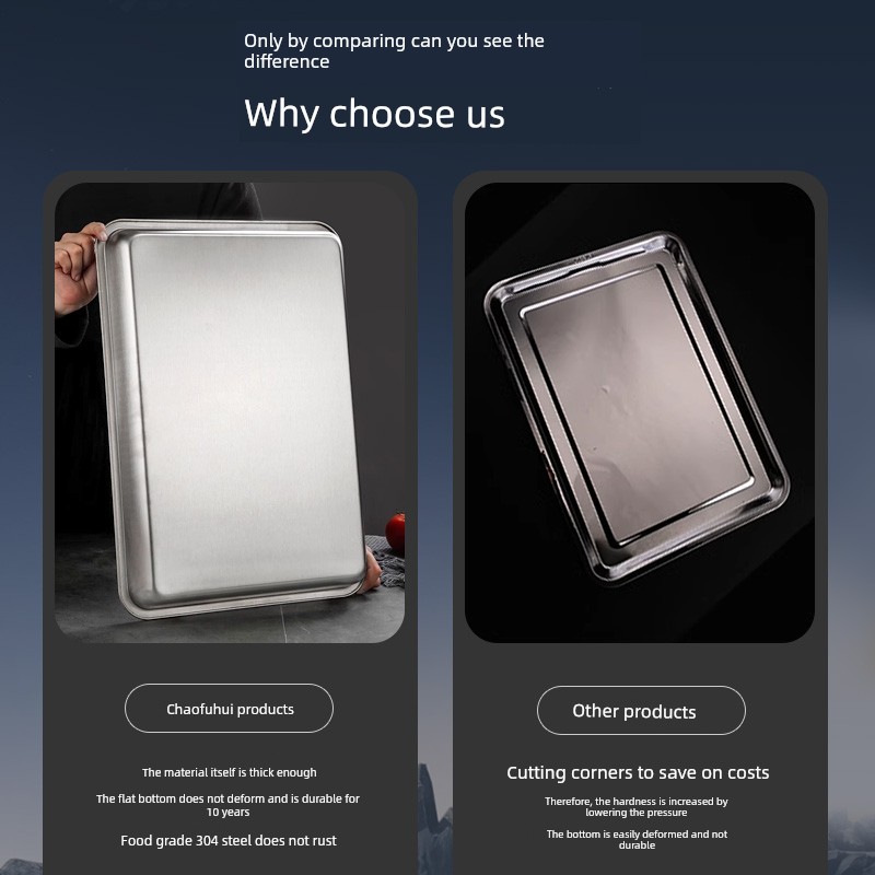 Food Grade 304 Stainless Steel Tray Rectangular Commercial Grilled Fish Square Plate Rice Basin Extra Thick Flats Barbecue Iron Plate