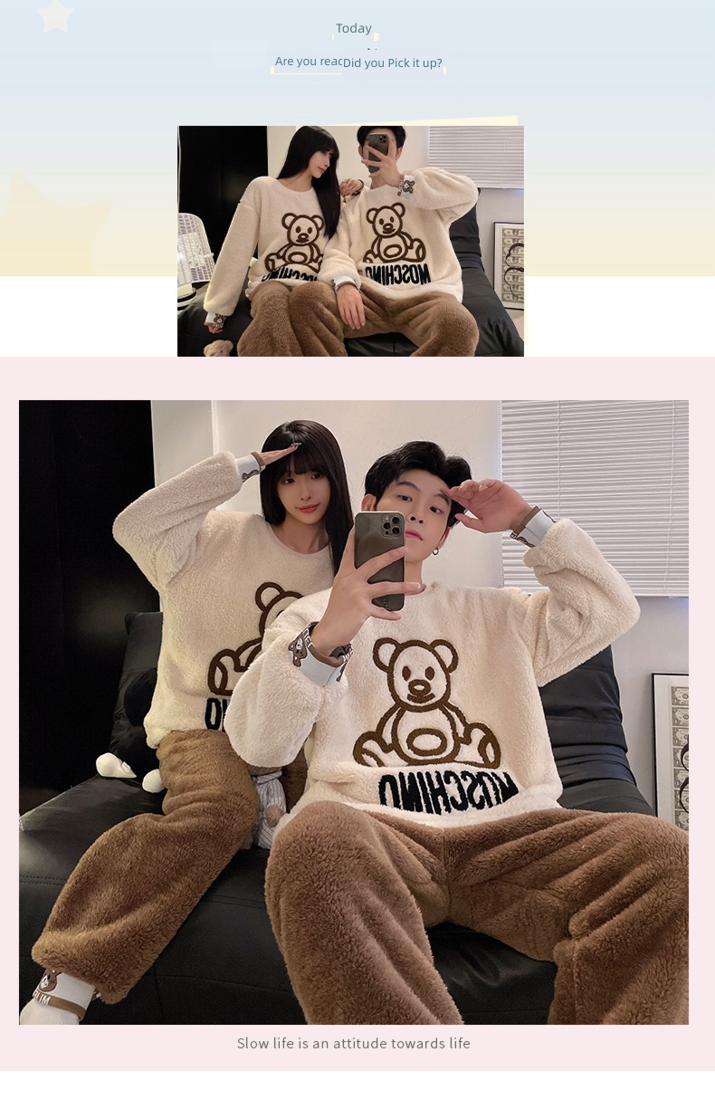 thickening Coral velvet Cartoon Embroidery Winter money lovers pajamas