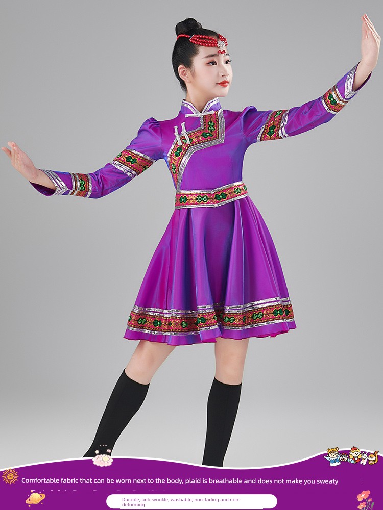 Mongolian Children's Performance Costumes for Girls, Mongolian Dance Costumes, Ethnic Costumes for Toddlers, Mongolian Robes for Performances, Summer — 3