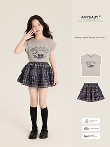 Amybaby Girls' Suit Summer 2026 New Style Casual Cartoon Print T-Shirt Plaid Skirt