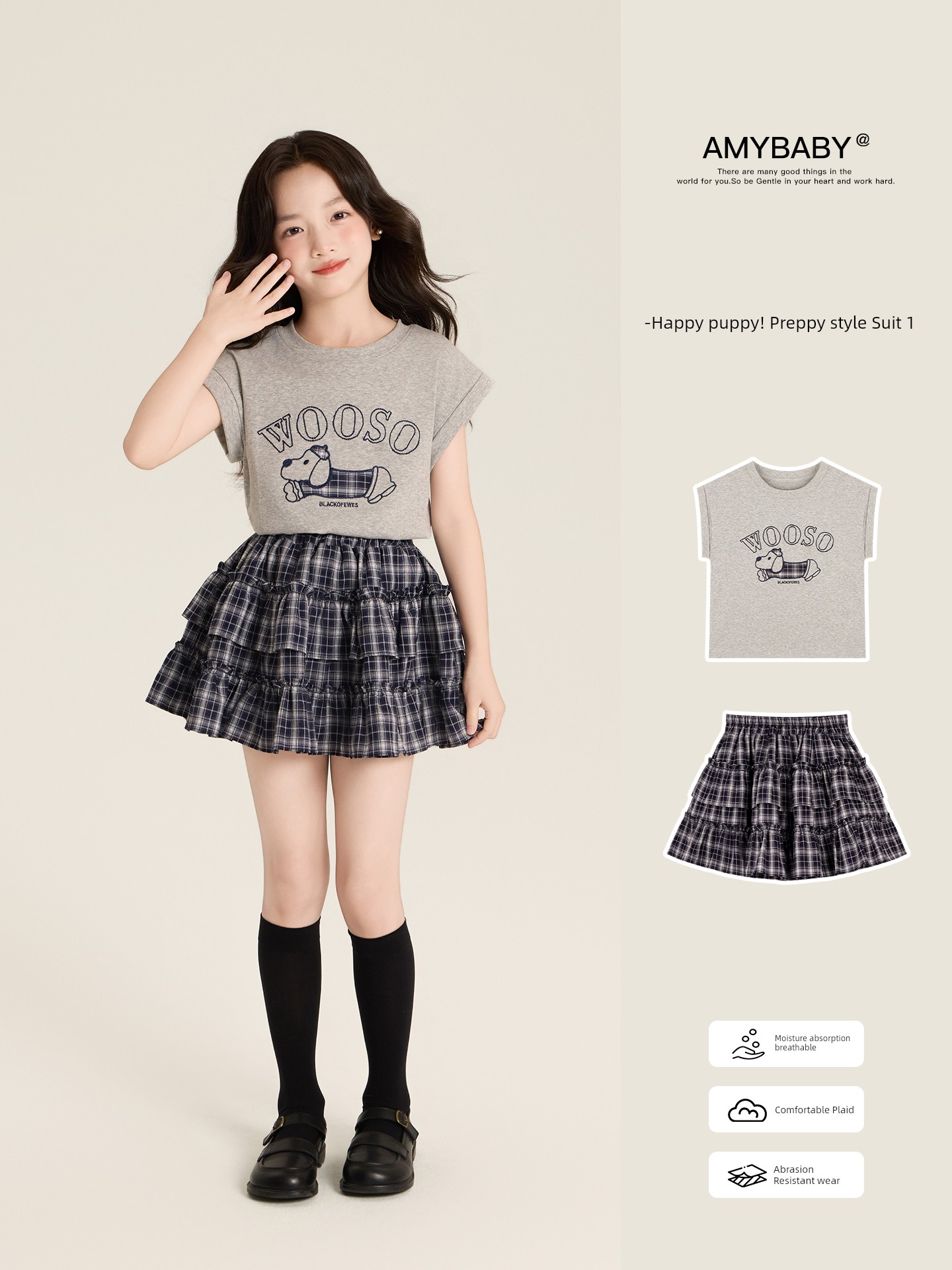 Amybaby Girls' Suit Summer 2026 New Style Casual Cartoon Print T-Shirt Plaid Skirt
