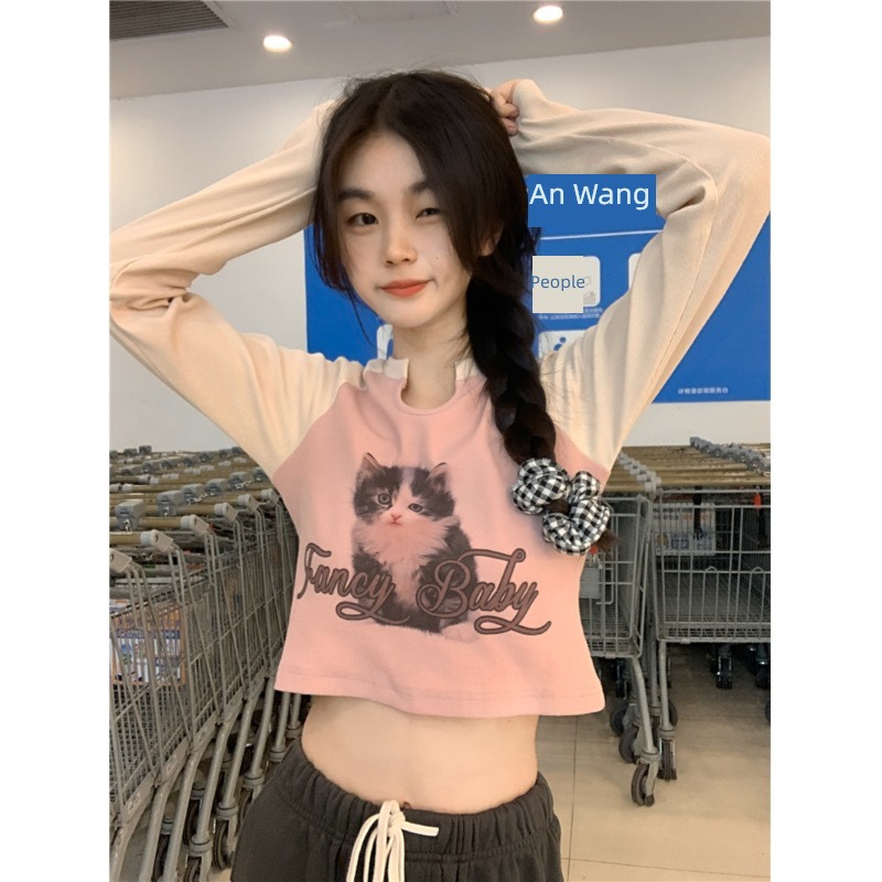 Self-cultivation Kitty Color matching have cash less than that is registered in the accounts jacket Long sleeve T-shirt
