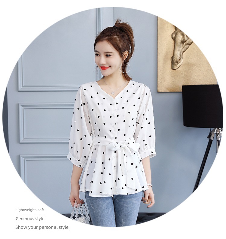 Korean version Temperament lady Frenulum Close your waist Skirt Ruffles Baby shirt jacket Short sleeve Wave point Chiffon shirt female summer