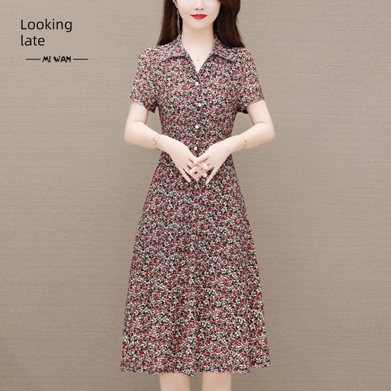 middle age fashion Dress Show thin mom Cover your belly Short sleeve