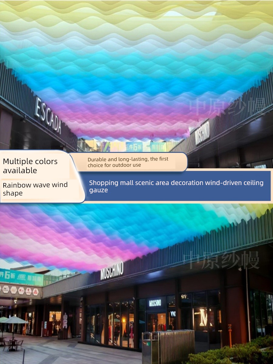 Trendy Wind-Swept Ceiling Drapes for Outdoor Restaurants, Wave-Shaped Ceiling Drapes, Outdoor Wind-Swept Drapes, Photo-Worthy Decorative Drapes
