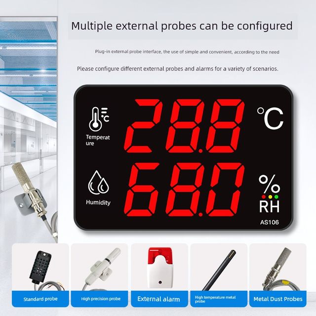 Temperature and humidity meter industrial grade high precision large screen factory warehouse with probe alarm display instrument AS106A