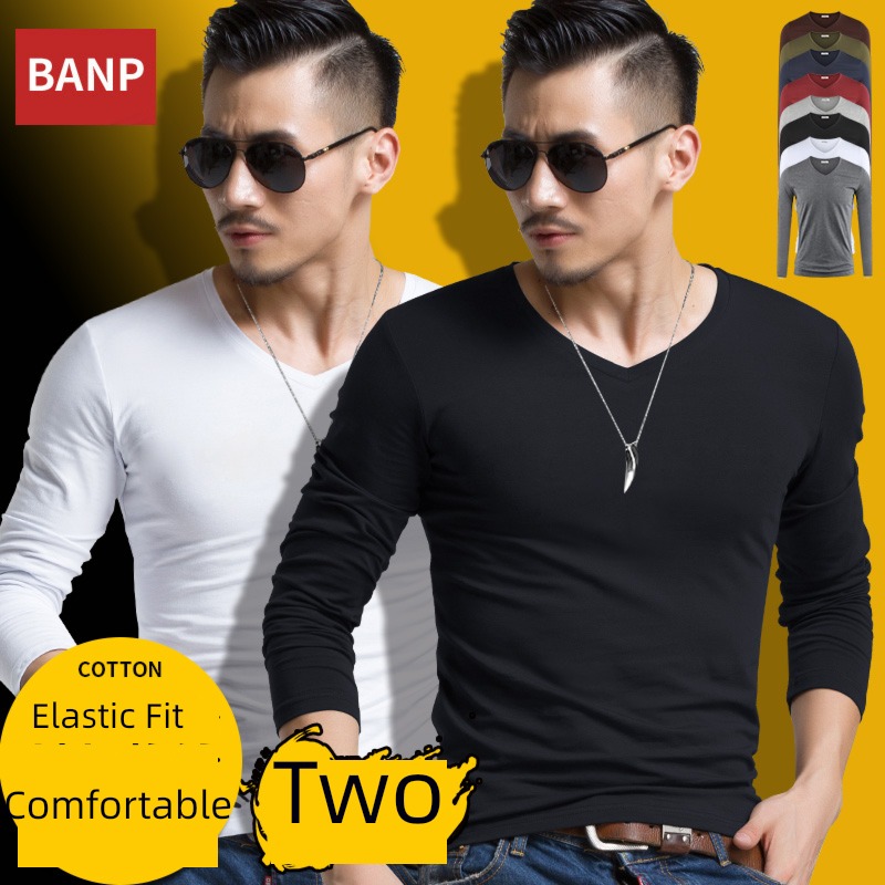 2 piece man V-collar Tight fitting Autumn and winter Long sleeve T-shirt