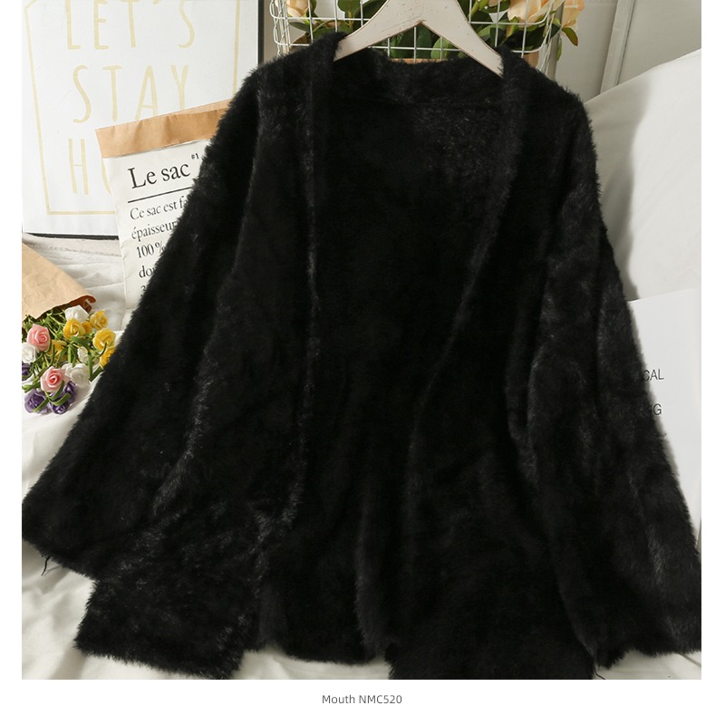 loose coat female Sweet  Plush Solid color No buckle Cardigan