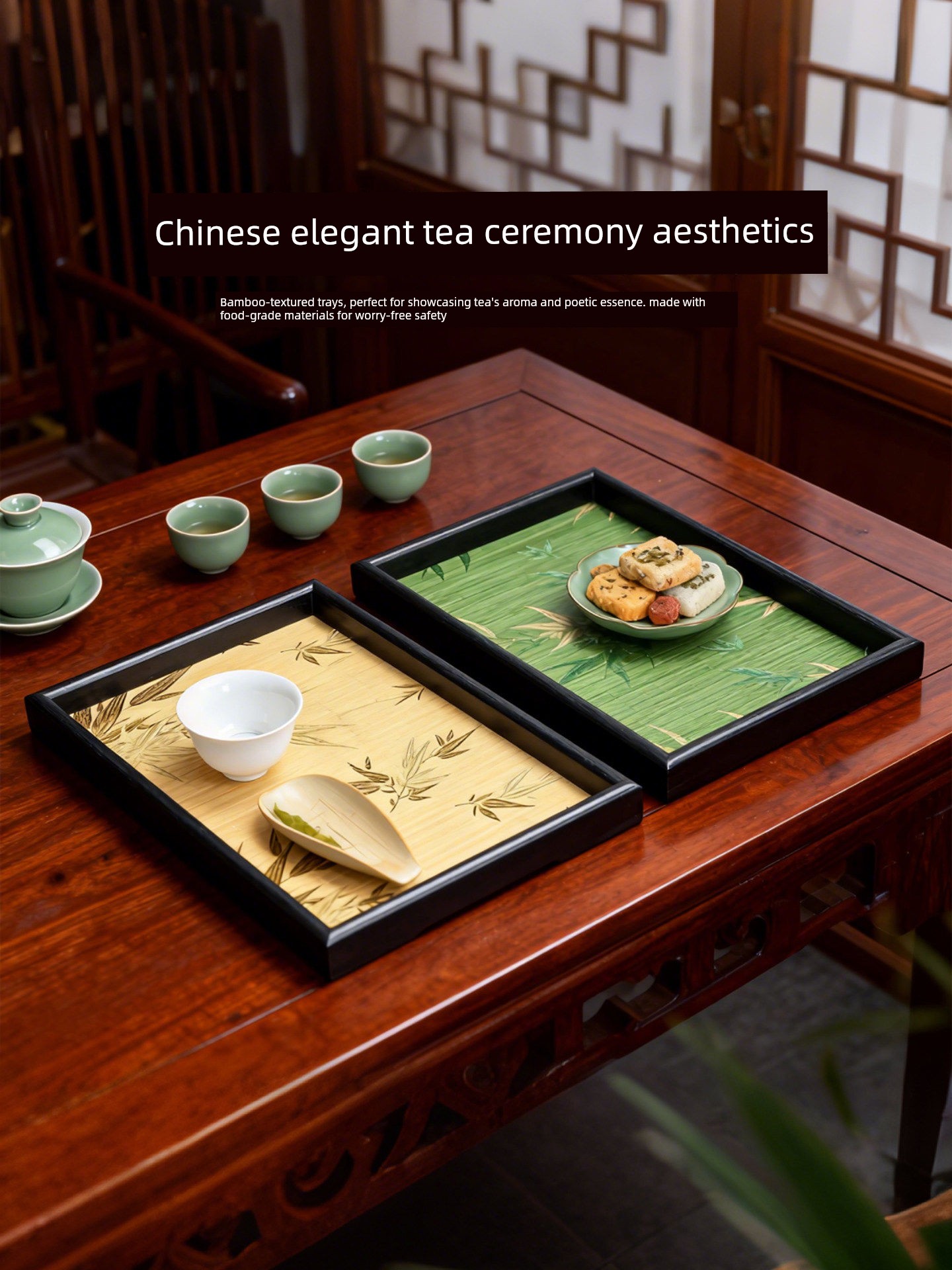 Chinese-Style Bamboo Leaf Light and Shadow Tray, Living Room Desktop Storage Tray for Miscellaneous Items, Wooden Storage Tray with a Vintage High-End Feel, Tea Tray