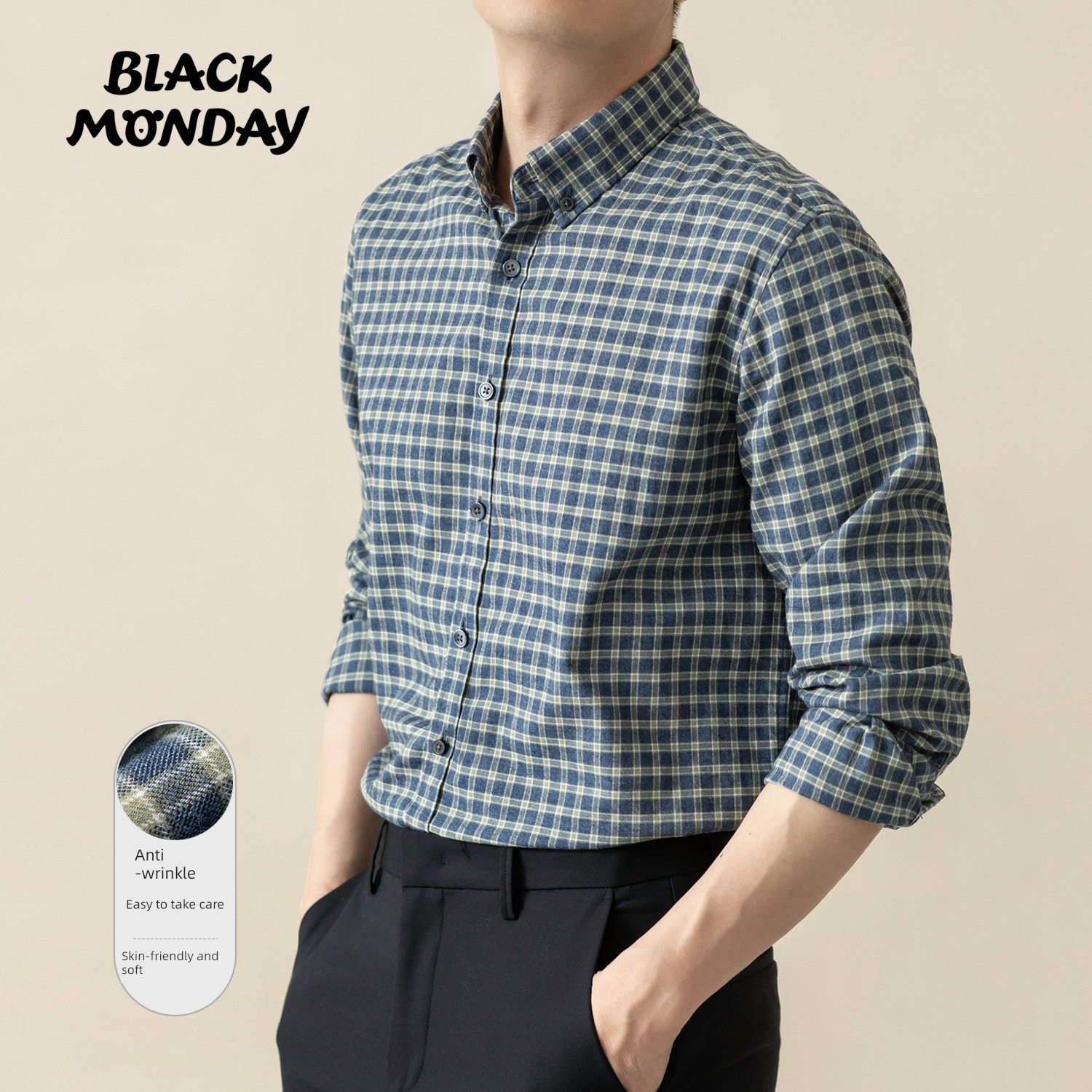 Inch shirt Ground wool cotton Plaid Long sleeve leisure time shirt