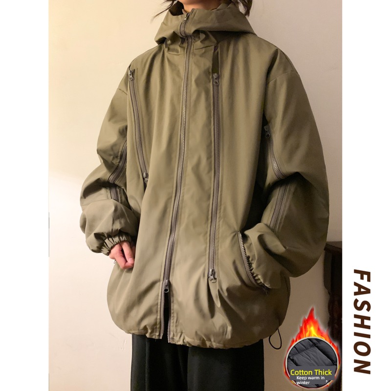 American style Retro Functional wind pizex Men's style winter Plush thickening Double zipper loose coat work clothes Jacket cotton-padded clothes tide