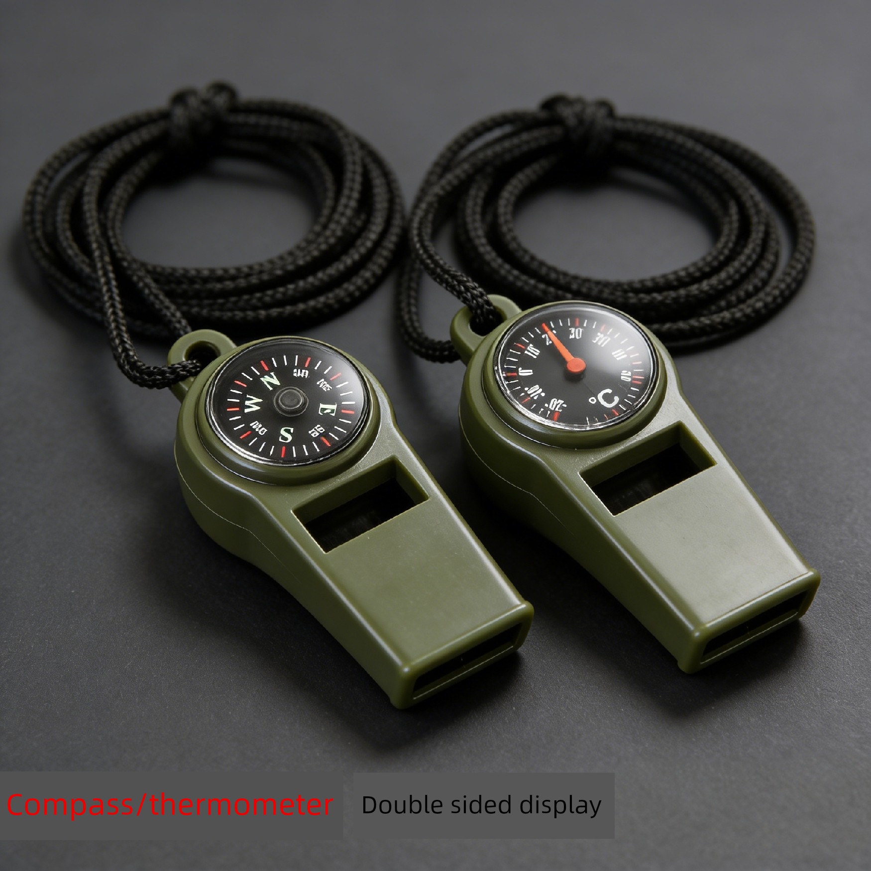 Outdoor Multifunctional Whistle Compass Thermometer Military Green Life-Saving Tool Practical Gift Double-Sided Display Portable