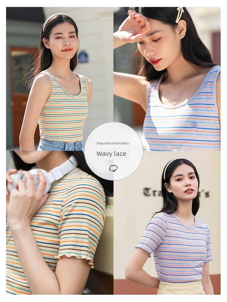Inman  colour stripe ma'am Short sleeve Simplicity V-neck T-shirt