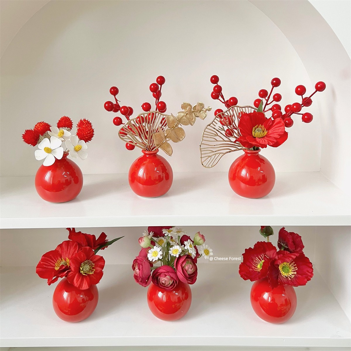 新中式紅色小圓瓶擺件仿真花裝飾玄關臥室客廳辦公室