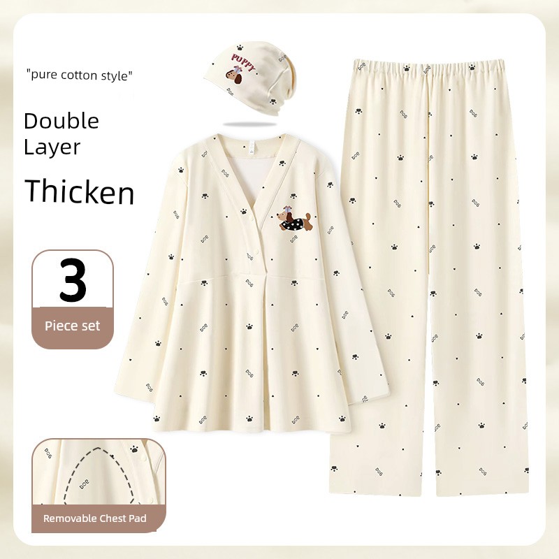 Maternity Pajamas with Breast Pads, Pure Cotton, Sweat-Absorbent, Autumn and Winter Style, Nursing Maternity Sleepwear, Summer Thin Style, Postpartum — 5
