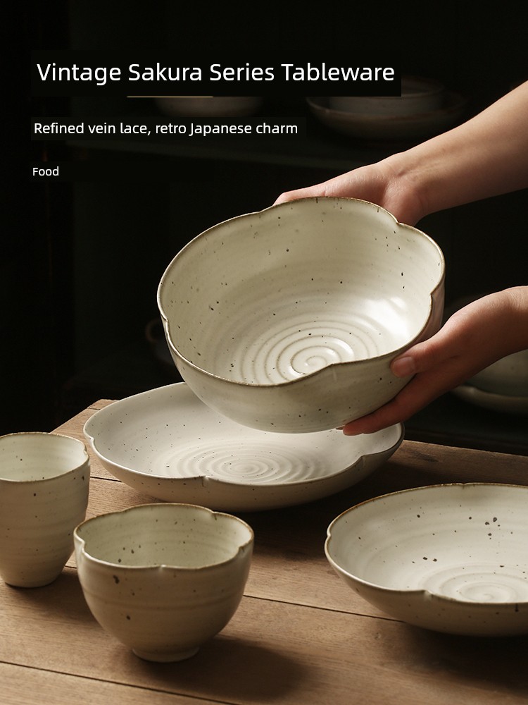 日式櫻花手工粗陶復古碗盤餐具套裝 家用陶瓷飯碗湯盆餐盤 精緻餐具