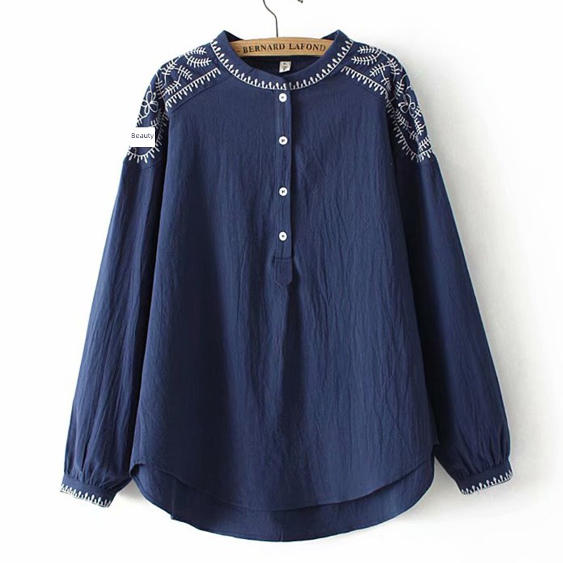 Cotton and hemp Long sleeve shirt Fat mother Middle aged and elderly Women's wear
