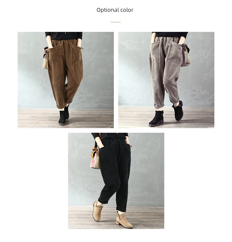 Elastic waist Big pocket leisure time thick corduroy trousers
