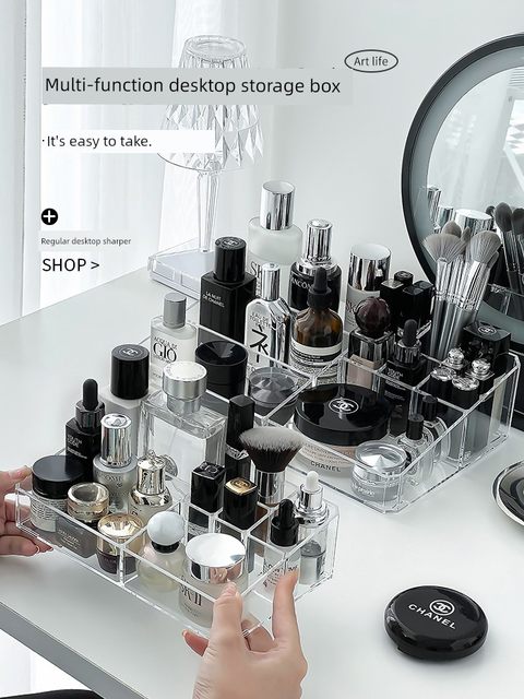 Desktop cosmetic storage box dressing table skin care products shelf acrylic dormitory transparent lattice lipstick box