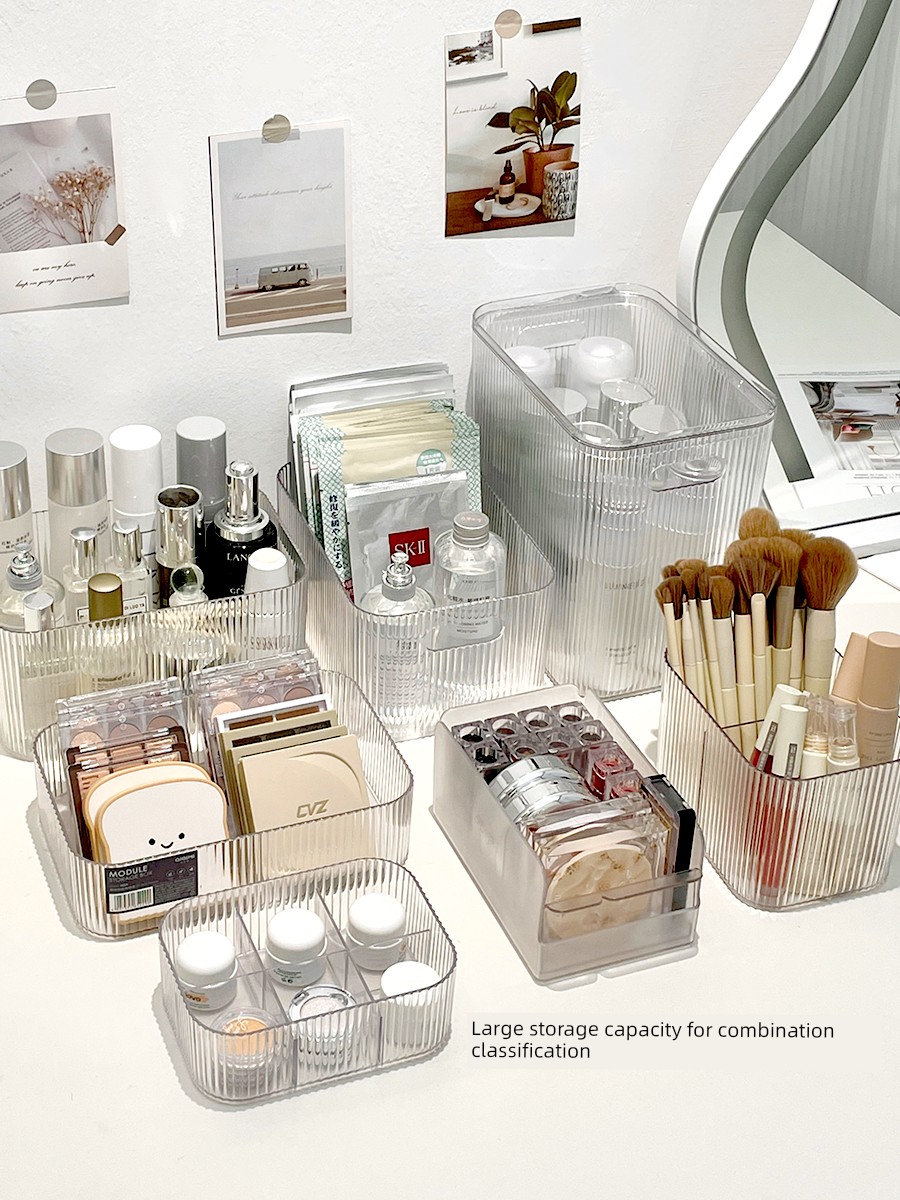 日式風格高級感桌上收納盒透明化妝品梳妝檯置物架