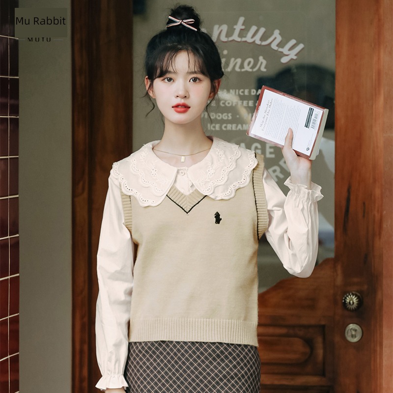 Moxa rabbit V-neck No.15 New products Academic atmosphere Solid color Embroidery