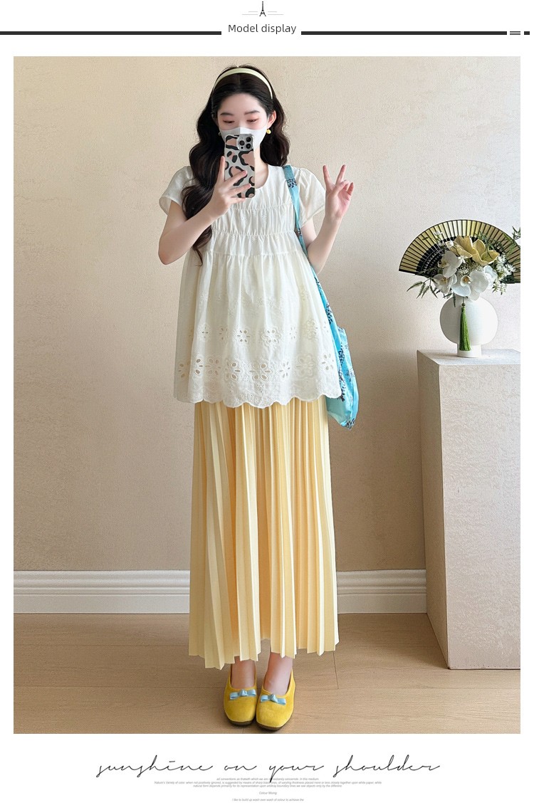 Maternity Summer Outfit 2026 New Style for Pregnant Moms, High-End Lace Top and Pleated Skirt Two-Piece Set for Summer — 8