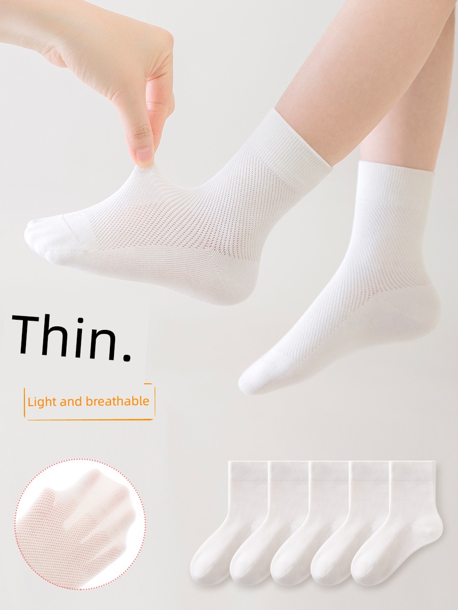 Kid's Socks Spring/Summer Mesh Pure Cotton White Tube Socks Spring & Fall Thin Student Sports Socks Seamless Socks Deodorizing Filter
