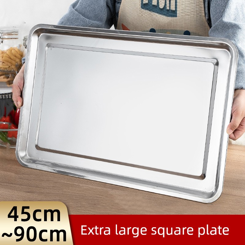 Extra Large Stainless Steel Plate Rectangular Steaming Rice Plate Barbecue Plate Commercial Household Iron Plate Dinner Plate Dish Tray