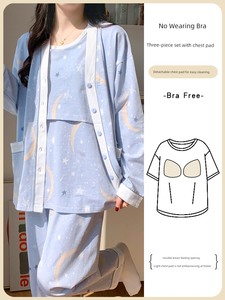 Maternity Breastfeeding Pajamas Three-Piece Set with Chest Pad Confinement Clothing Spring Summer Pure Cotton Postpartum