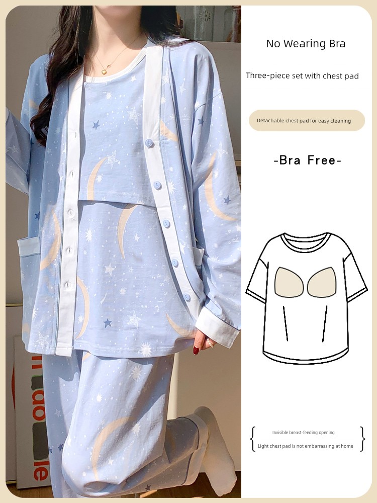 Maternity Breastfeeding Pajamas Three-Piece Set with Chest Pad Confinement Clothing Spring Summer Pure Cotton Postpartum Feeding Spring and Autumn July 5