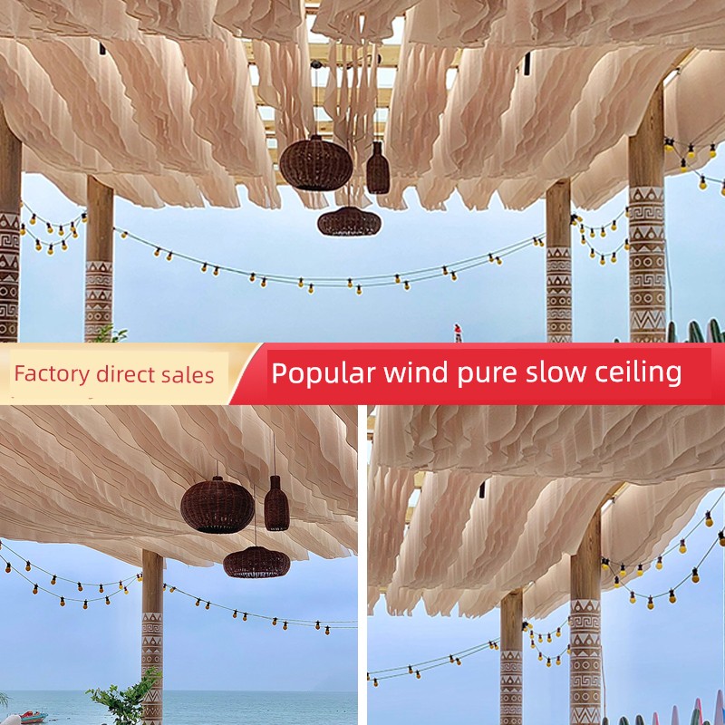 Internet Celebrity Restaurant Pneumatic Ceiling Voile Guesthouse Decoration Greek Style Fabric Outdoor Sunshade Yarn Seaside Outdoor Voile