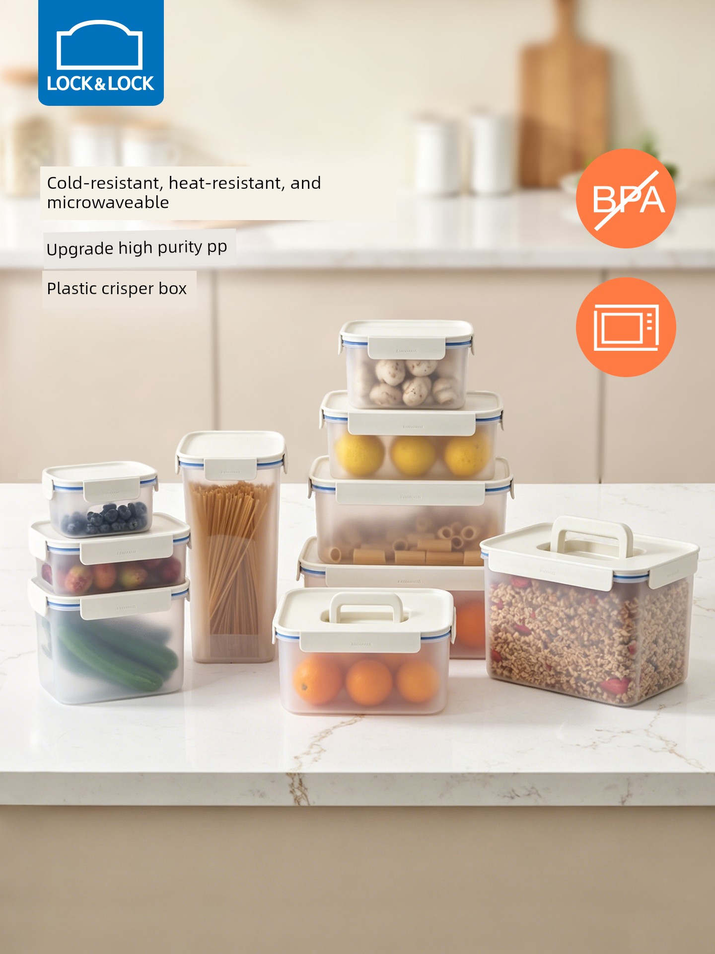 Locknlock Plastic Food Storage Container, Fruit Lunch Box, Sealed Box, Large Capacity, Microwave-Safe, Rectangular