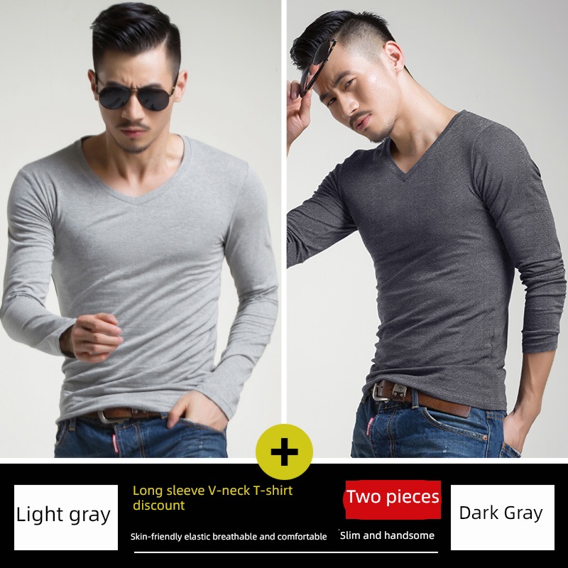 man V-collar Spring  Inner lap Tight fitting Long sleeve T-shirt