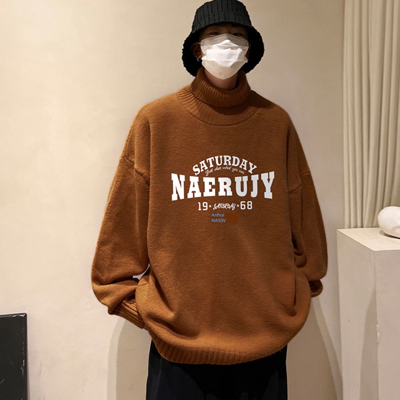 American style Retro brown sweater winter clothes new pattern 2022 lovers High collar Sweater male Languid city boy loose coat