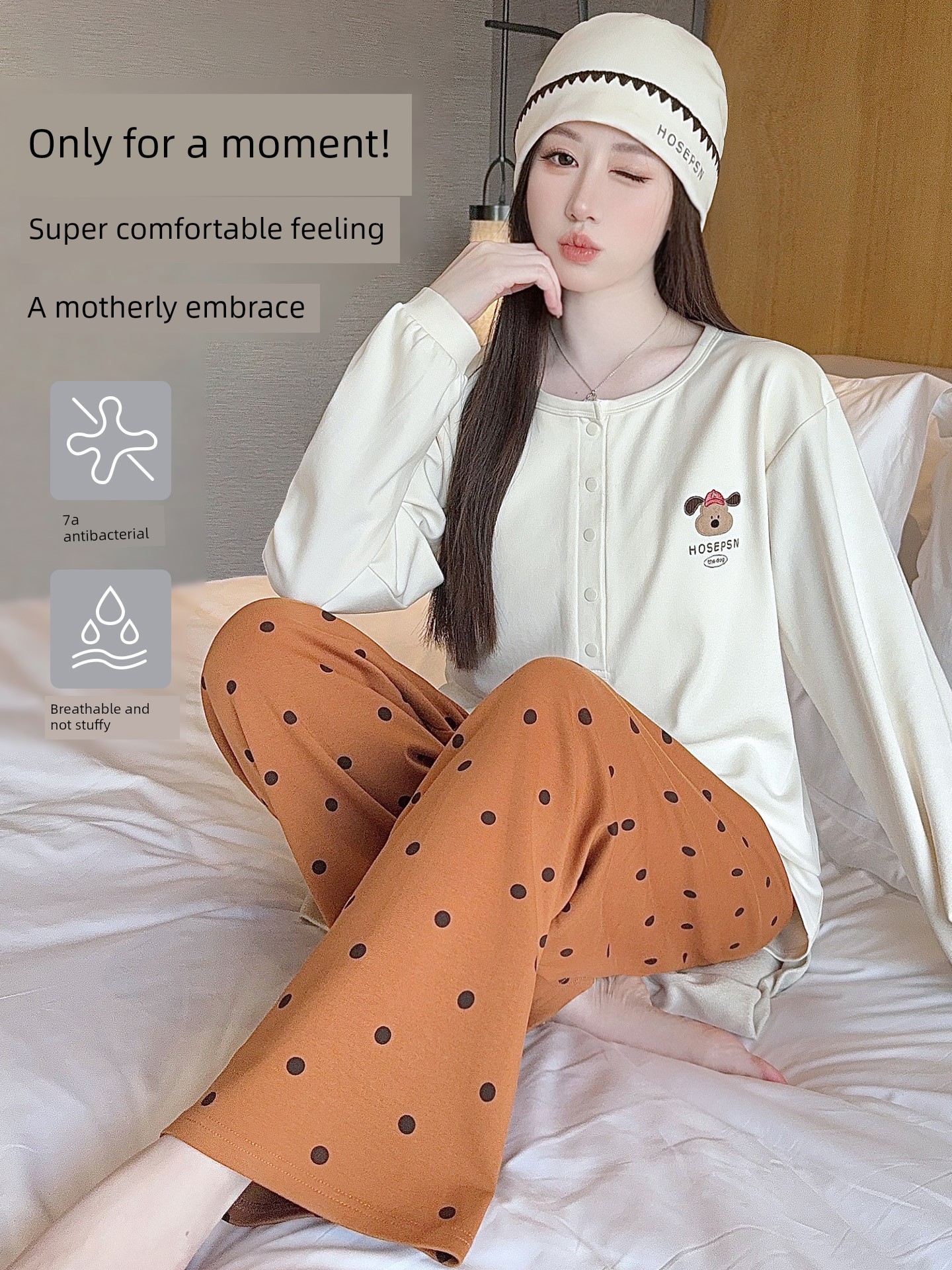 Free Hat with Winter Maternity Wear, Pure Cotton Nursing Pajamas, Spring and Autumn Postpartum All-Season Maternity Loungewear Set