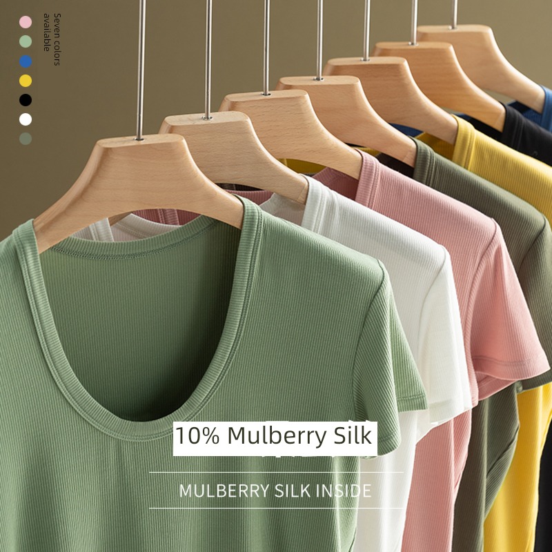 No iron Easy to take care of Short sleeve Round neck Solid color mulberry silk