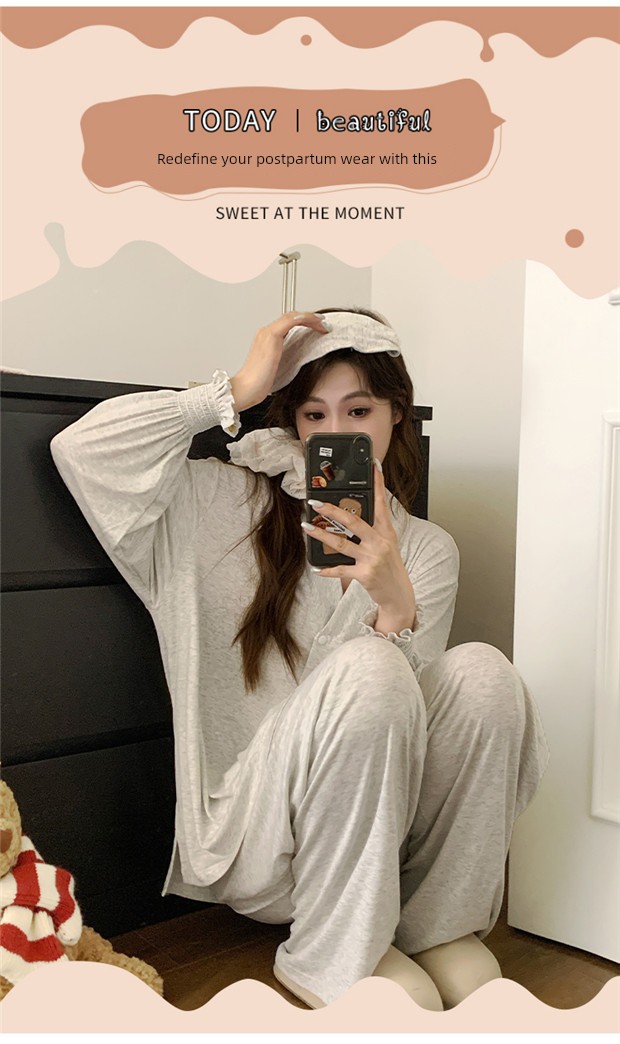 Free Hairband with Modal Maternity Pajamas for Women, Spring and Autumn Cool Nursing Postpartum Wear, Summer Thin Style with Breast Pads for Home Use — 16